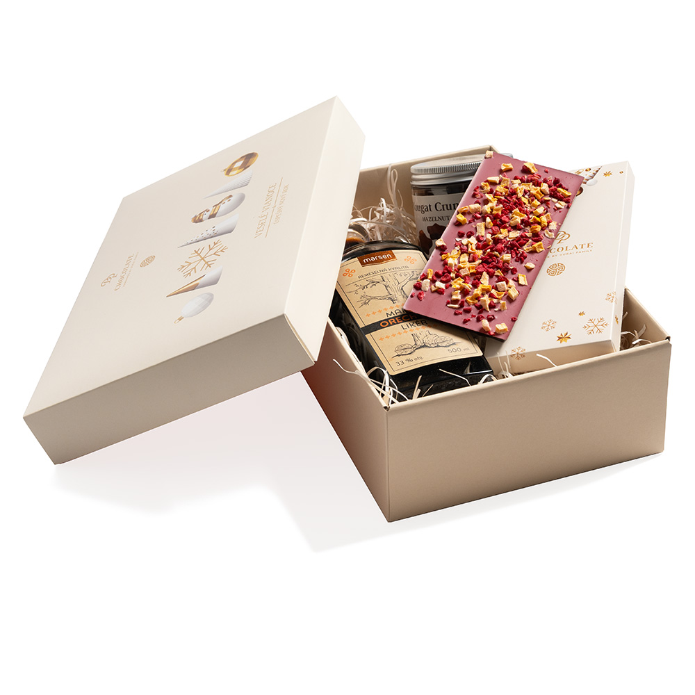 Vianoce - Darčekový box Nougat Crunch, Tabuľka dvojvrstvá s posypom & Orechový likér