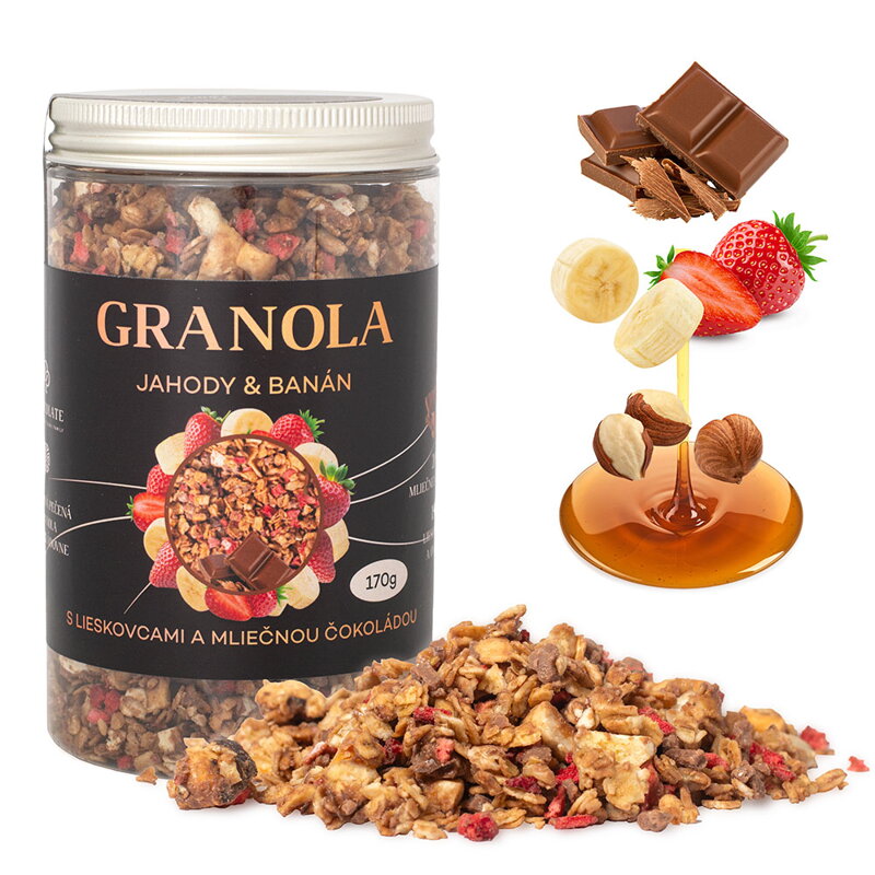 Granola Jahody & Banán s lieskovcami a mliečnou čokoládou (170g) (balenie 4ks)
