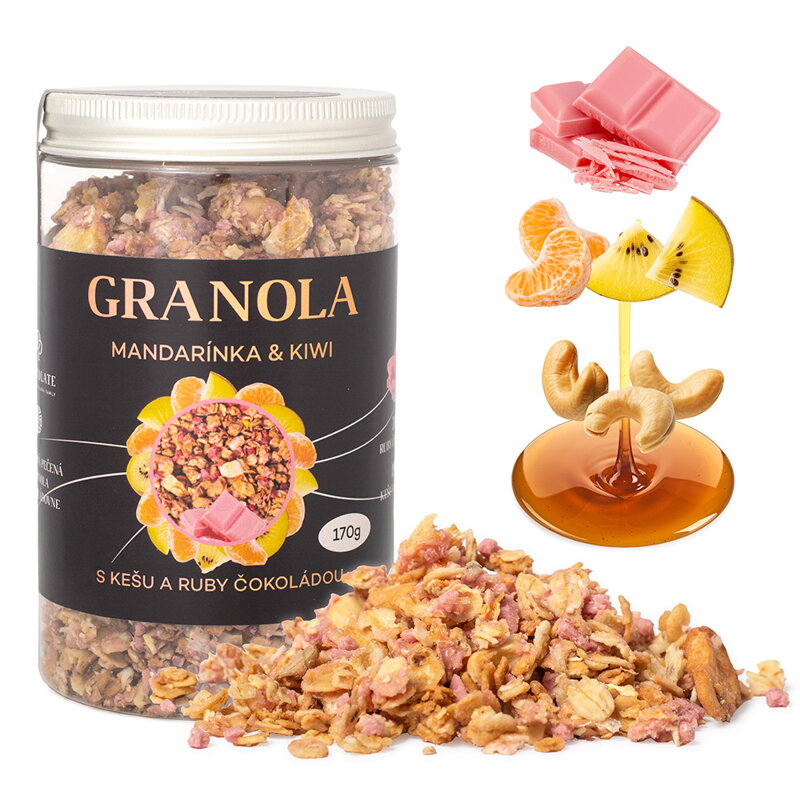 Granola Mandarínka & Kiwi s kešu a ruby čokoládou (170g) (balenie 4ks)