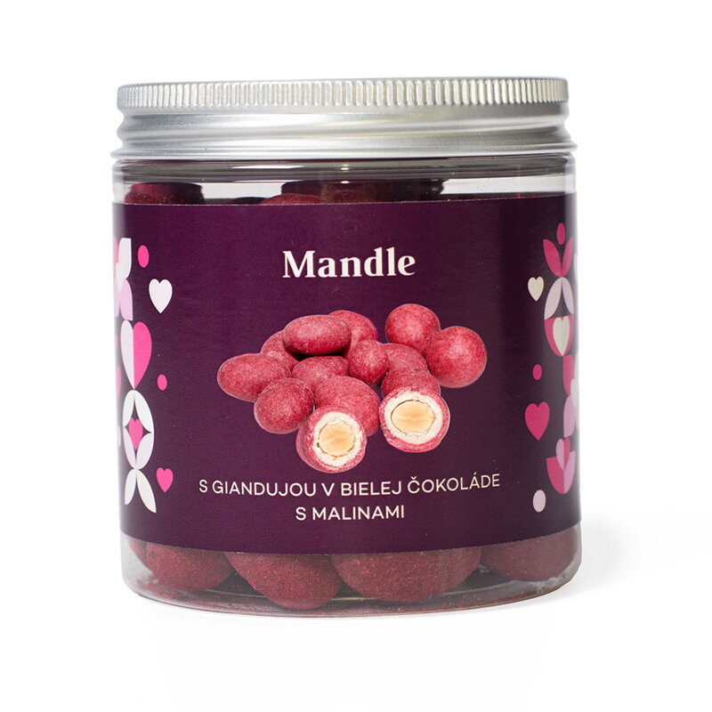 Valentín - Mandle s malinovou giandujou v bielej čokoláde s malinami (150g) (balenie 5ks)